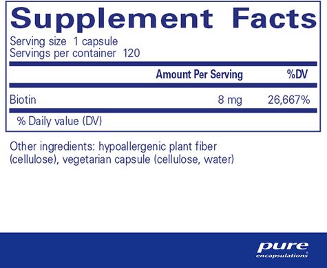 Биотин, Biotin, Pure Encapsulations, 8 мг, 120 капсул (PE-00680), фото