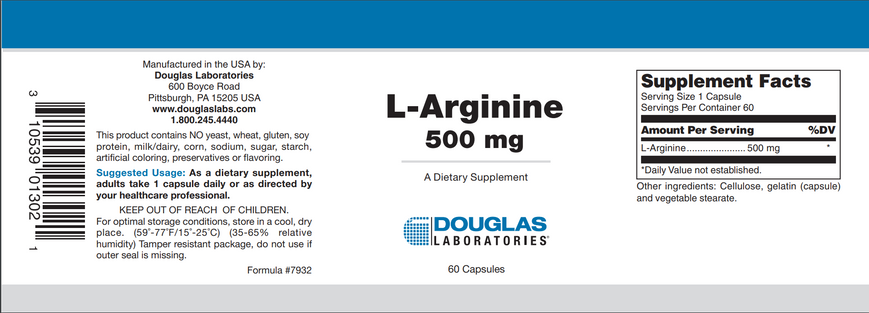Аргінін, L-Arginine, Douglas Laboratories, 500 мг, 60 капсул (DOU-01302), фото