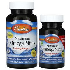 Carlson Labs, Maximum Omega Minis, 1000 мг, смак лимона, 60+20 желатинових міні капсул (CAR-18440), фото