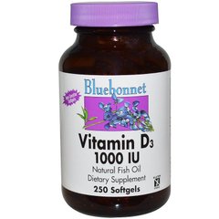 Bluebonnet Nutrition, Витамин D3, (25 мкг) 1000 МЕ, 250 гелевых капсул (BLB-00309), фото