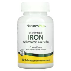 Natures Plus, высокоэффективное железо с витамином C и травами, вишневый вкус, 90 жевательных таблеток (NAP-03421), фото