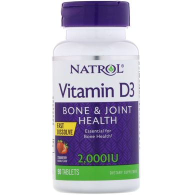 Natrol, вітамін D3 для здоров'я кісток та суглобів, полуничний смак, 2000 МО, 90 таблеток (NTL-05889), фото