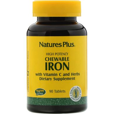 Natures Plus, високоефективне залізо з вітаміном C та травами, вишневий смак, 90 жувальних таблеток (NAP-03421), фото
