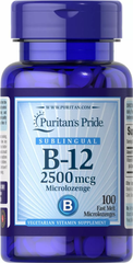Витамин B-12,Vitamin B-12, Puritan's Pride, сублингвальный, 2500 мкг, 100 микропастилок (PTP-13861), фото