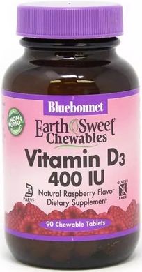 Витамин Д3, Bluebonnet Nutrition, EarthSweet, вкус малины, 90 жевательных таблеток (BLB-00360), фото