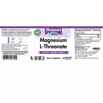 L-Треонат Магния, Magnesium L-Threonate, Bluebonnet Nutrition, 90 вегетарианских капсул (BLB-00750), фото