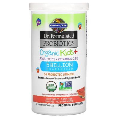 Garden of Life, Dr. Formulated Probiotics, Organic Kids +, со вкусом органического арбуза, 30 вкусных жевательных таблеток (GOL-12215), фото