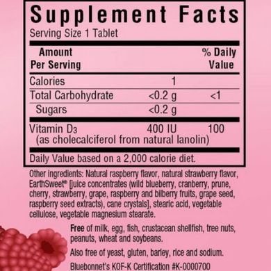 Вітамін Д3, Bluebonnet Nutrition, EarthSweet, смак малини, 90 жувальних таблеток (BLB-00360), фото