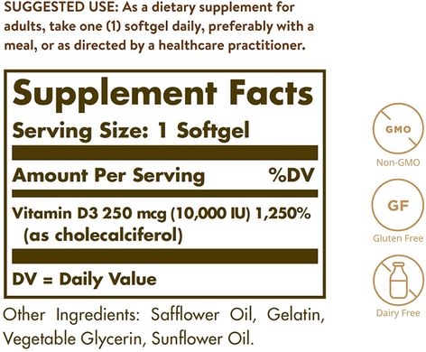 Solgar, витамин D3 (холекальциферол), 250 мкг (10 000 МЕ), 120 капсул (SOL-35872), фото