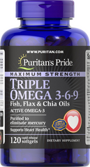 Puritan's Pride, Triple Omega 3-6-9 с рыбьим жиром, льняным маслом и маслом чиа, максимальная сила, 120 мягких таблеток (PTP-51256), фото