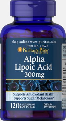 Альфа-ліпоєва кислота, Alpha Lipoic Acid, Puritan's Pride, 300 мг, 120 гелевих капсул (PTP-13578), фото
