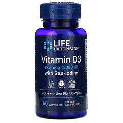 Life Extension, вітамін D3 з Sea-Iodine, 125 мкг (5000 МО), 60 капсул (LEX-17586), фото