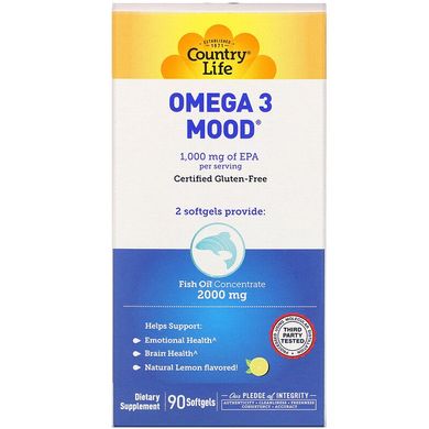 Country Life, Omega 3 Mood, натуральний ароматизатор зі смаком лимона, 90 м'яких желатинових капсул (CLF-04120), фото