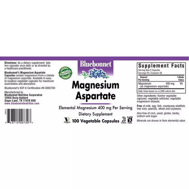 Bluebonnet Nutrition, Аспартат магнію, 200 мг, 100 рослинних капсул (BLB-00730), фото