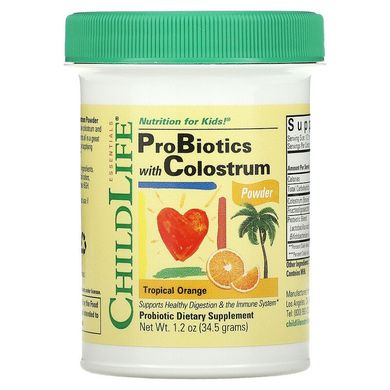 Пробиотик с сухим молозивом для детей, Probiotics with Colostrum, ChildLife, апельсин/ананас, 48 г (CDL-10600), фото