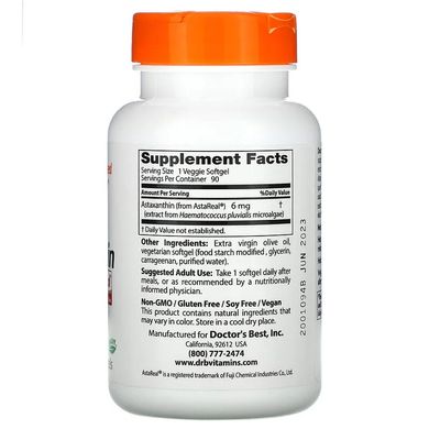 Doctor's Best, астаксантин з AstaReal, 6 мг, 90 рослинних капсул (DRB-00367), фото