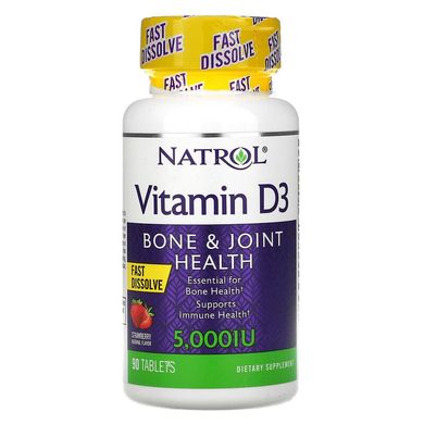 Natrol, вітамін D3, здоров'я кісток та суглобів, полуниця, 5000 МО, 90 таблеток (NTL-05891), фото