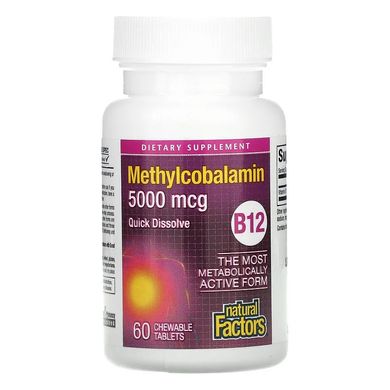 Natural Factors, витамин B12, метилкобаламин, 5000 мкг, 60 жевательных таблеток (NFS-01247), фото