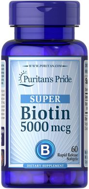 Биотин, Biotin, Puritan's Pride, 5000 мкг, 60 капсул (PTP-29634), фото