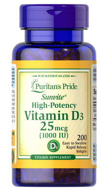 Puritan's Pride, Витамин Д3, 1000 МЕ, 200 капсул (PTP-15606), фото