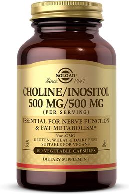 Solgar, Холин/инозитол, 500 мг/500мг, 100 растительных капсул (SOL-00850), фото