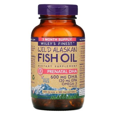 Wiley's Finest, жир диких аляскинських риб, пренатальна ДГК, 600 мг, 180 рибних капсул (WIF-00402), фото