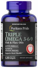 Омега 3-6-9, Triple Omega 3-6-9, Puritan's Pride, риб'ячий жир та лляна олія, 120 гелевих капсул (PTP-51254), фото