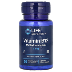 Life Extension, вітамін B12, метилкобаламін, 1 мг, 60 вегетаріанських пастилок (LEX-15366), фото
