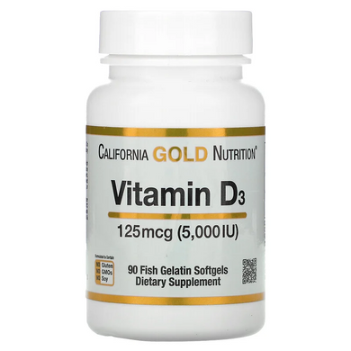 California Gold Nutrition, Вітамін D3, 125 мкг (5000 МО), 90 капсул з риб'ячого желатину (CGN-01065), фото