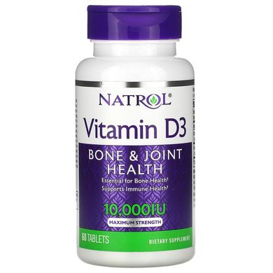 Natrol, витамин D3, здоровье костей и суставов, максимальная сила действия, 10 000 МЕ, 60 таблеток (NTL-06014), фото