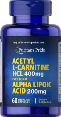 Puritan's Pride, Ацетил-L-карнітин, 400 мг, з альфа-ліпоєвої кислотою 200 мг, 60 капсул (PTP-66087), фото