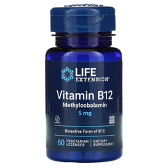 Life Extension, вітамін B12, метилкобаламін, 5 мг, 60 вегетаріанських льодяників (LEX-15376), фото