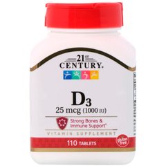 Вітамін Д3, Vitamin D3, 21st Century, 1000 МО, 110 таблеток (CEN-27062), фото