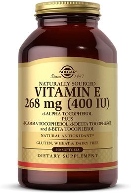 Solgar, Вітамін Е природного походження, 268 мг (400 МО), 250 м'яких желатинових капсул (SOL-03542), фото