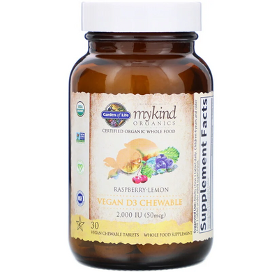 Garden of Life, MyKind Organics, веганский витамин D3, со вкусом малины и лимона, 2000 МЕ, 30 вегетарианских жевательных таблеток (GOL-11861), фото