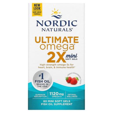Nordic Naturals, Ultimate Omega 2X, вкус клубники, 1120 мг, 60 мягких желатиновых миникапсул (NOR-06100), фото
