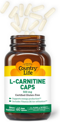 Country Life, L-карнітин тартрат, 500 мг, 60 рослинних капсул (CLF-01075), фото