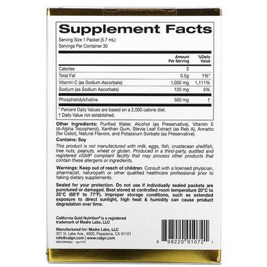 California Gold Nutrition, ліпосомальний вітамін C, зі смаком натурального апельсина, 1000 мг, 30 пакетиків по 5,7 мл кожен (CGN-01072), фото