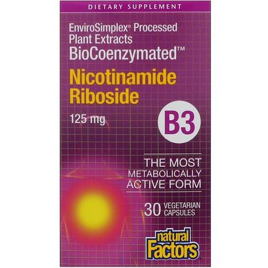 Витамин В3 никотинамид, B-3 Nicotinamide Riboside, Natural Factors, 125 мг, 30 капсул (NFS-01254), фото