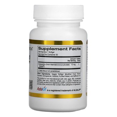 California Gold Nutrition, астаксантин, чистий ісландський продукт AstaLif, 12 мг, 30 м'яких рослинних таблеток (CGN-01103), фото