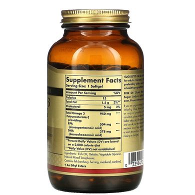 Solgar, омега-3, ЕПК і ДГК, потрійної концентрації, 950 мг, 100 капсул (SOL-02058), фото