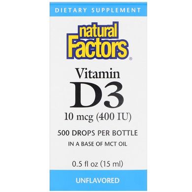 Витамин D3 для детей, Vitamin D3 Drops, Natural Factors, 400 МЕ, 15 мл (NFS-01058), фото