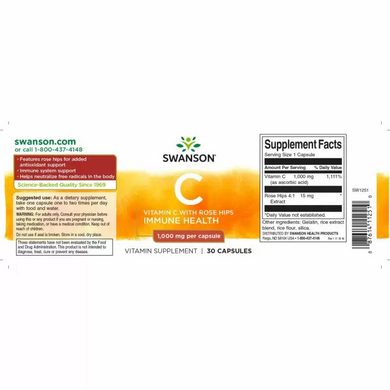 Витамин С с шиповником, Vitamin C, Swanson, 1000 мг, 30 капсул (SWV-11251), фото