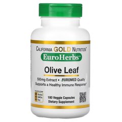 California Gold Nutrition, Екстракт з листя оливкового дерева, EuroHerbs, європейська якість, 500 мг, 180 рослинних капсул (CGN-01282), фото