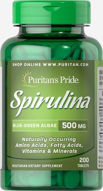 Спирулина, Spirulina, Puritan's Pride, 500 мг, 200 таблеток (PTP-13283), фото