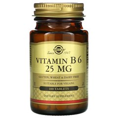 Solgar, витамин В6, 25 мг, 100 таблеток (SOL-03082), фото