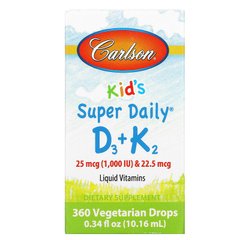 Carlson Labs, Super Daily D3+K2 для детей, 25 мкг (1000 МЕ) и 22,5 мкг, 10,16 мл (CAR-10530), фото