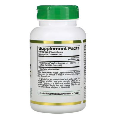 California Gold Nutrition, EuroHerbs, "Пасифлора", 250 мг, 180 рослинних капсул (CGN-01284), фото
