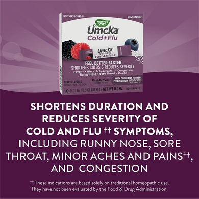 Nature's Way, Umcka, Fast Actives, для лечения простуды и гриппа, не вызывает сонливость, с ягодным вкусом, 10 пакетов с порошком (NWY-15349), фото