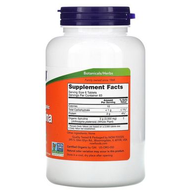 Now Foods, сертифицированная органическая спирулина, 500 мг, 500 таблеток (NOW-02700), фото